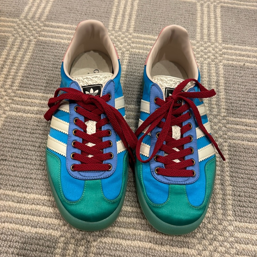 Gucci X Adidas Silk Duchesse Demetra Gazelle Sneakers Jade Capri Avio Off White